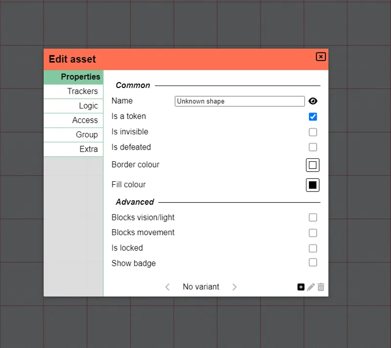 Asset property dialog